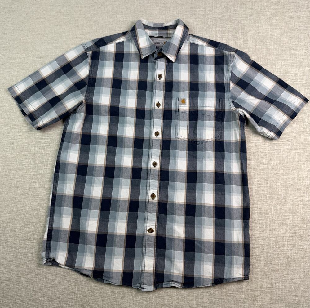 Carhartt Shirt Men’s Medium Blue Plaid Relaxed Fit Cotton Short Sleeve Button